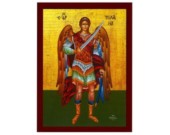 Archangel Michael icon, Handmade Greek Orthodox icon of St Michael, Byzantine art wall hanging on wood plaque religious icon, religious gift