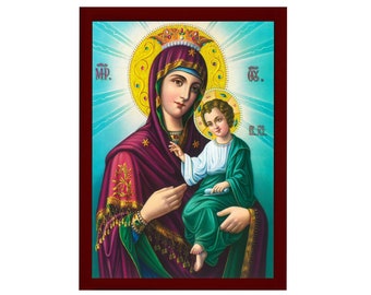 Virgin Mary icon Panagia, Handmade Greek Catholic Icon Theotokos, Mother of God Byzantine art wall hanging wood plaque icon, religious decor