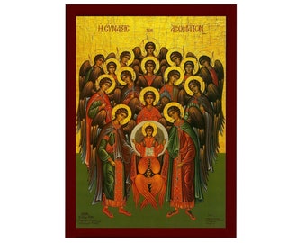 Synaxis of the Archangels icon, Handmade Greek Orthodox Icon of the Gathering of the Archangels, Byzantine art wall hanging wood plaque