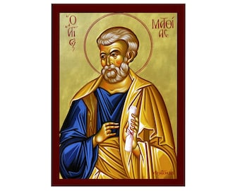 Icono de San Matías Apóstol, icono ortodoxo griego hecho a mano del apóstol Matías, adorno de pared de arte bizantino sobre placa de madera.