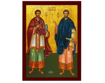 Saint Cosmas and Damian Orthodox Icon, Handmade Christian Wall Art on Wood, Byzantine Religious Gift, Home Decor