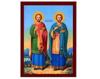 Saint Cosmas and Damian Orthodox Icon, Handmade Christian Wall Art on Wood, Byzantine Religious Gift, Home Decor