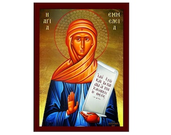 Icono de Santa Emmelia, icono ortodoxo griego hecho a mano de Santa Emmelia de Cesarea, placa de madera para colgar en la pared, arte bizantino, decoración religiosa.