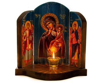 Christian Iconostasis with Virgin Mary Archangel Michael Archangel Gabriel icon, Handmade Mount Athos wooden Altar Orthodox Icon