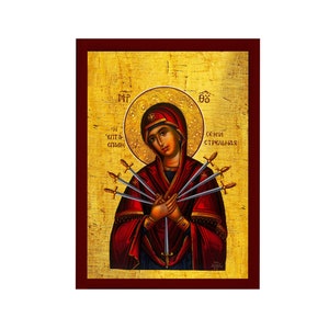 Our Lady of Sorrows icon, Virgin Mary icon Seven 7 swords, Handmade Greek Orthodox Icon, Mother of God Byzantine art wall hanging plaque