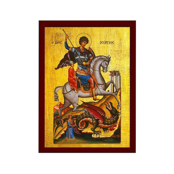 Saint George icon, Handmade Greek Orthodox icon of St George, Byzantine art wall hanging icon wood plaque, religious decor