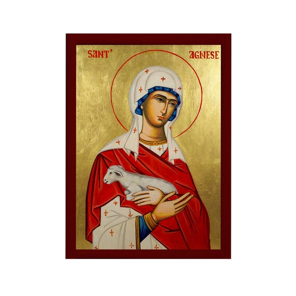 Saint Agnes icon, Handmade Greek Orthodox icon St Agnes of Rome, Byzantine art wall hanging wood plaque, religious gift