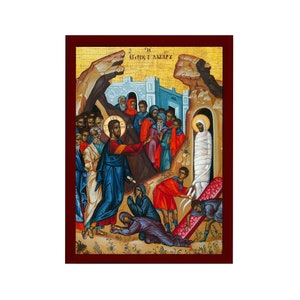 Raising of Lazarus icon, Handmade Greek Orthodox icon, Byzantine art wall hanging of our Lord rising from the dead, religious decor