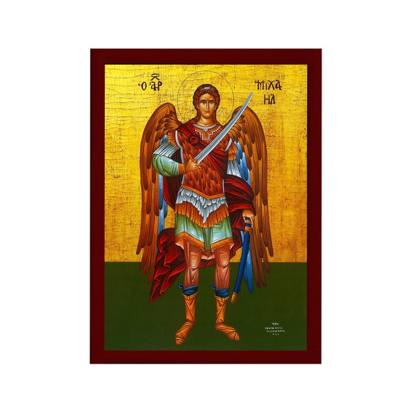 Archangel Michael icon, Handmade Greek Orthodox icon of St Michael, Byzantine art wall hanging on wood plaque religious icon, religious gift