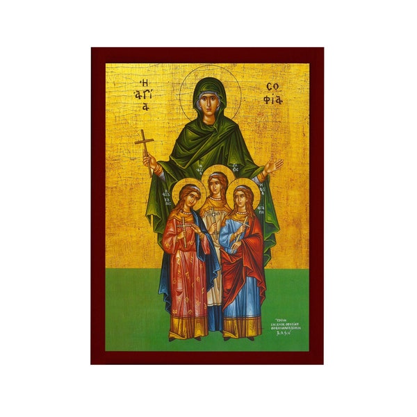 Saint Sophia icon, Orthodox icon St Sofia the Martyr, Greek Handmade Byzantine art wall hanging of Hagia Sophia wood plaque, religious decor