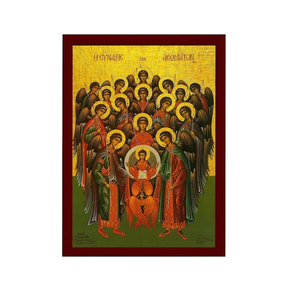 Synaxis of the Archangels icon, Handmade Greek Orthodox Icon of the Gathering of the Archangels, Byzantine art wall hanging wood plaque