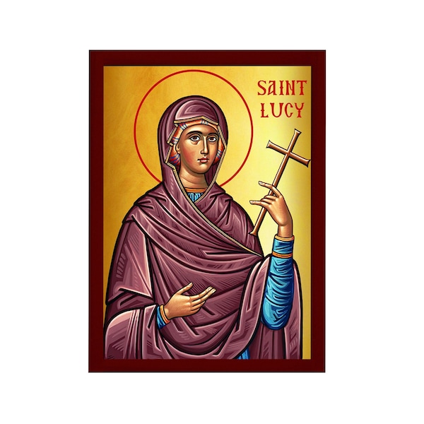 Saint lucy icon, handmade greek catholic orthodox icon of st lucy of syracuse, byzantine art wall hanging wood plaque, religious gift