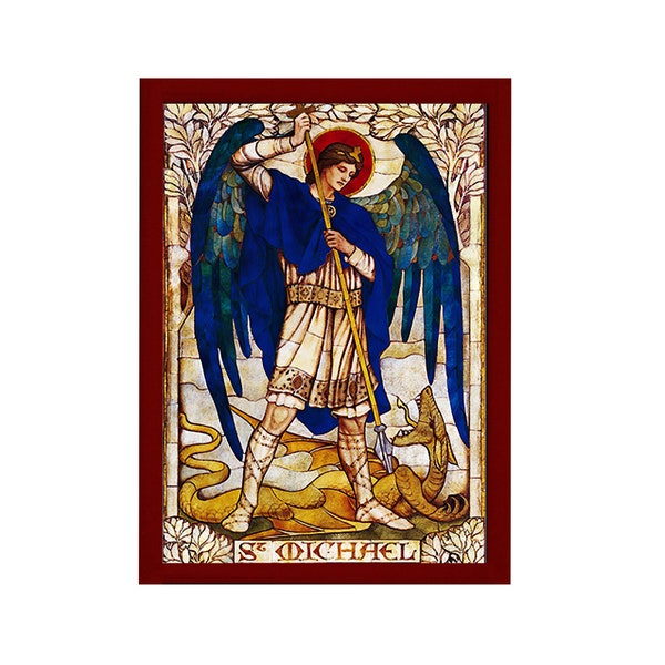 Archangel Michael icon, Handmade Greek Orthodox icon of St Michael, Byzantine art wall hanging on wood plaque religious icon, religious gift