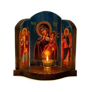 Christian Iconostasis with Virgin Mary Archangel Michael Archangel Gabriel icon, Handmade Mount Athos wooden Altar Orthodox Icon