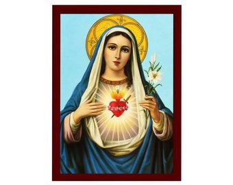 Virgin Mary icon Sacred Blessed Heart, Handmade Greek Catholic Icon, Mother of God Byzantine art, Theotokos wall hanging wood plaque, decor