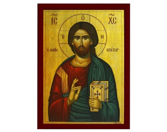 Jesus Christ Pantocrator Orthodox Icon, Handmade Christian Wall Art on Wood, Byzantine Religious Gift, Home Decor