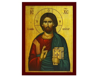 Jesus Christ icon, Handmade Greek Orthodox icon of our Lord, Byzantine art wall hanging on wood plaque, religious icon home decor