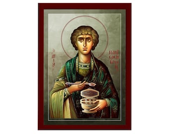 Saint Panteleimon Orthodox Icon, Handmade Christian Wall Art on Wood, Byzantine Religious Gift, Home Decor