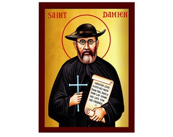 Saint Damien icon, Handmade Greek Catholic icon of St Damien Molokai Leper art wall hanging of the Damien Leper wood plaque, religious decor