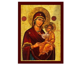 Virgin Mary icon Panagia Portaitissa, Greek Christian Orthodox Icon, Mother of God Byzantine art Theotokos handmade wall hanging wood plaque