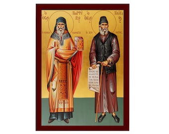 May include: An icon depicting two figures, one in a bishop's robe and the other in a brown robe, holding a scroll. The icon is painted in a traditional style with gold accents and the text "Ο ΠΟΡΦΥΡΟΣ Ο ΟΣΙΟΣ" and "Ο ΠΑΙΣ Ο ΟΣΙΟΣ" in Greek.