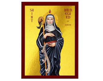 Saint Hildegard icon, Handmade Greek Catholic icon St Hildegard von Bingen, Byzantine art wall hanging on wood plaque, religious decor gift