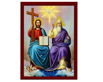 Icône de la Sainte Trinité, icône grecque orthodoxe faite main de Jésus-Christ, décoration murale d'art byzantin suspendue sur plaque de bois, icône religieuse, cadeau de mariage