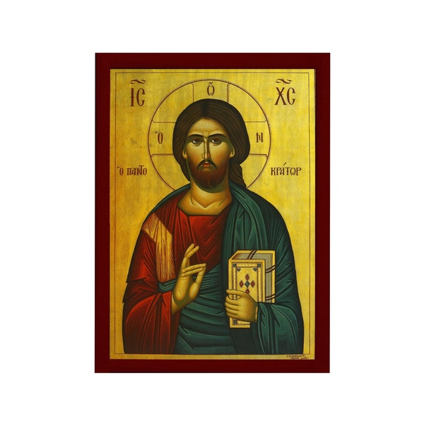 Jesus Christ icon, Handmade Greek Orthodox icon of our Lord, Byzantine art wall hanging on wood plaque, religious icon home decor