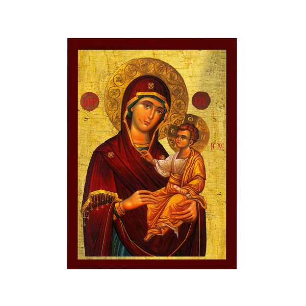 Virgin Mary icon Panagia Portaitissa, Greek Christian Orthodox Icon, Mother of God Byzantine art Theotokos handmade wall hanging wood plaque