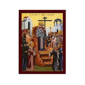 The Elevation of the Holy Cross icon Handmade Greek Orthodox icon Exaltation Holy Cross, Byzantine art wall hanging on wood plaque