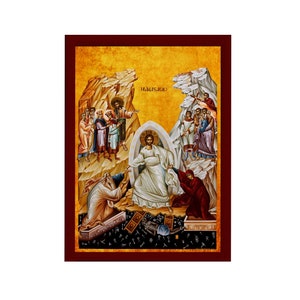 Puede incluir: Un icono religioso que representa a Jesucristo emergiendo de una tumba, rodeado de figuras y un paisaje montañoso. El icono está pintado en un estilo tradicional con colores vibrantes y detalles intrincados.