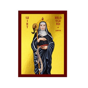 Saint Hildegard icon, Handmade Greek Catholic icon St Hildegard von Bingen, Byzantine art wall hanging on wood plaque, religious decor gift