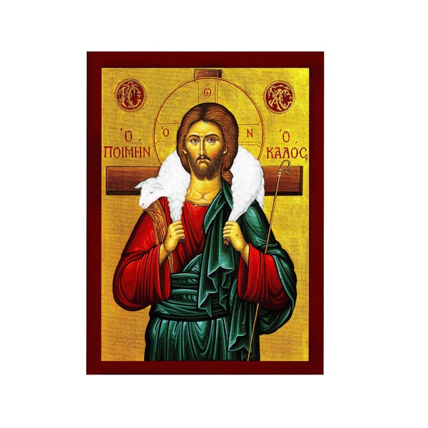 Jesus Christ icon The Good Shepherd, Handmade Greek Orthodox icon of our Lord, Byzantine art wall hanging on wood plaque, religious decor