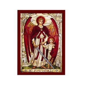 Archangel Raphael icon, Handmade Greek Orthodox icon of St Raphael, Byzantine art wall hanging on wood plaque religious icon, religious gift