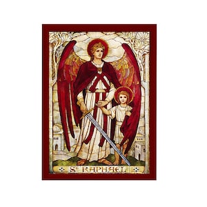 May include: A stained glass depiction of the archangel Raphael, with red wings, holding a sword and a young boy. The image is framed in red and has the text "St. Raphael" at the bottom.