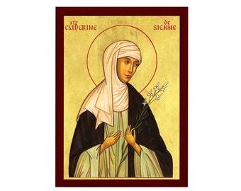 Saint Catherine of Siena icon, Handmade Greek Catholic Orthodox icon of St Catherine, Byzantine art wall hanging wood plaque religious gift