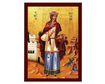 Saint Barbara the Great Martyr Orthodox Icon, Handmade Christian Wall Art on Wood, Byzantine Religious Gift, Home Decor