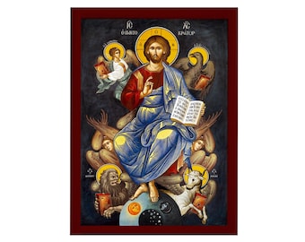 May include: A religious icon depicting Jesus Christ in a blue robe, seated on a throne surrounded by angels and symbols. The icon is painted in a traditional Byzantine style with gold accents and features the text "IC XC KPATIYP" in Greek.