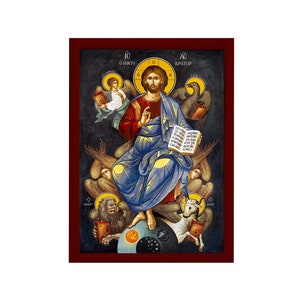 Jesus Christ icon, Handmade Greek Orthodox icon of our Lord w Apostles, Byzantine art wall hanging on wood plaque, religious icon home decor