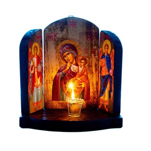 Christian Iconostasis with Virgin Mary Archangel Michael Archangel Gabriel icon, Handmade Mount Athos wooden Altar Orthodox Icon