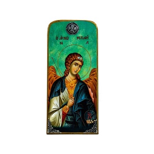 Archangel Michael icon, Handmade Greek Orthodox icon of St Michael, Byzantine art wall hanging on wood plaque, religious decor