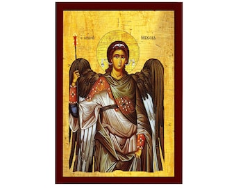 Aartsengel Michael-pictogram, handgemaakt Grieks-orthodox icoon van Sint-Michiel, Byzantijnse kunstmuur hangend aan houten plaquette religieus icoon, religieus cadeau