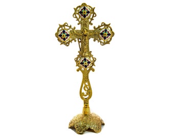 Standing Table Altar Crucifix, Jesus Christ Brass Blessing Cross, Handmade Greek Orthodox Byzantine Gold plated Holy Cross, religious decor