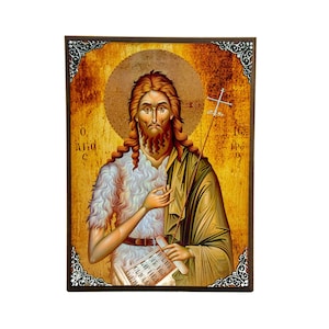 Saint John icon, Byzantine wall hanging art, Greek Orthodox icon handmade wood plaque of Saint John Baptist, religious home decor gift