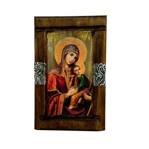 Virgin Mary icon Panagia, Handmade Greek Orthodox Icon, Mother of God Byzantine art, Theotokos wall hanging wood plaque religious icon gift