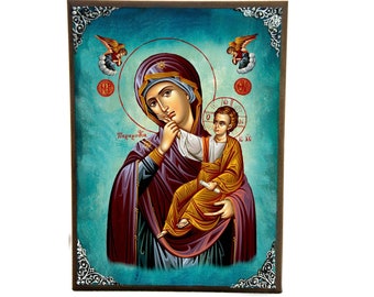 Virgin Mary icon Panagia Paramythia Handmade Greek Christian Orthodox Icon of Theotokos Mother of God Byzantine art wall hanging wood plaque