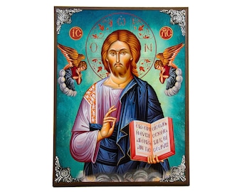 Jesus Christ icon, Handmade Greek Orthodox icon of our Lord, Byzantine art wall hanging on wood plaque, religious icon home decor
