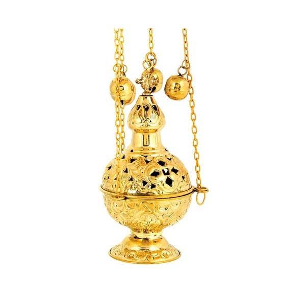Gold Plated Christian Hanging Brass Resin Incense Burner, Greek Orthodox Thurible Incense holder, Metal Byzantine Censer Perfume burner gift