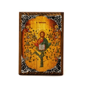 Jesus Christ icon with Apostles, Ampelos True Vine handmade Greek Orthodox icon, Byzantine art wall hanging on wood plaque, religious decor