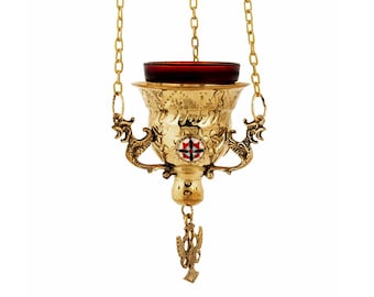 Christian Brass Hanging Oil Vigil Lampe avec Croix, Lampe à huile suspendue à la Prière faite à la main, Bougie à huile orthodoxe avec tasse en verre, décor religieux